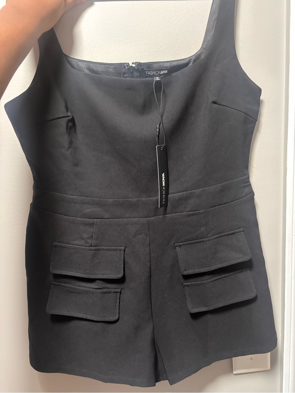 Fashion Nova Black Square Neck Cargo Pocket Romper - Picture 4 of 6